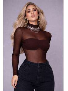 Women's Tulle Bodysuit With Long Sleeves, High Neck, Transparent, Elegant, Fitted, Women's Fashion - 鏽棕色 - 查看 2