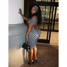 Women's Sexy Polka Dot Off Shoulder Crop Top & Bodycon Shorts Two Piece Set With Slight Stretch Fabric For Elegant Style - Black - View 1