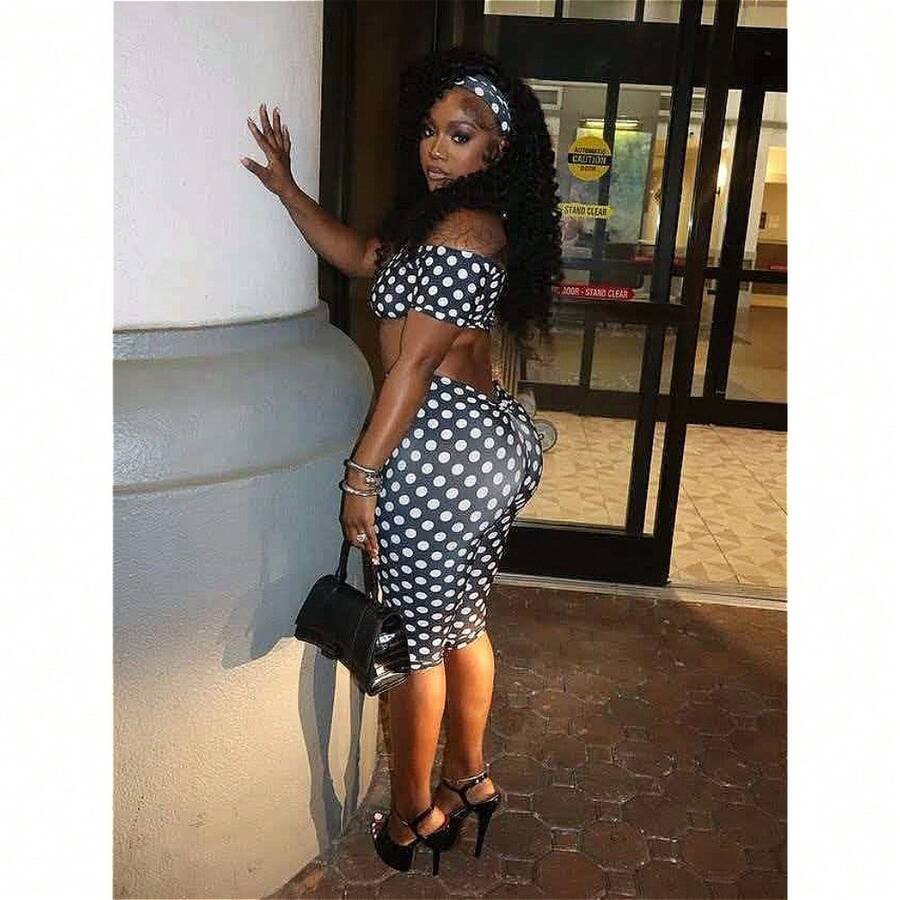 Women's Sexy Polka Dot Off Shoulder Crop Top & Bodycon Shorts Two Piece Set With Slight Stretch Fabric For Elegant Style - Black - View 1