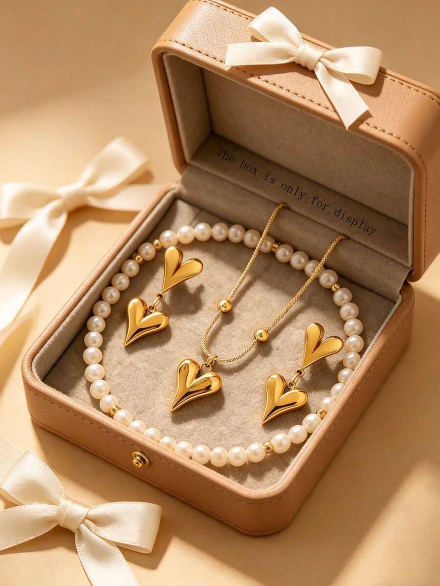 1 Set Romantic Stainless Steel Jewelry Set With Heart-Shaped Pendant Necklace And Earrings, Suitable For Women To Wear To Parties Or Outings - Yellow Gold - View 1