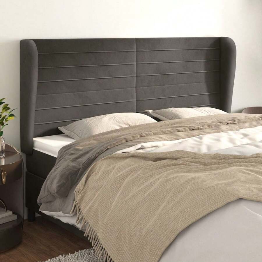 vidaXL Kopfteil mit Ohren Dunkelgrau 183x23x118/128 cm Samt - Gris - Voir 1