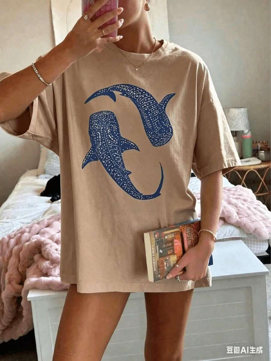 Women's High-Quality T-Shirt Summer Clothing, 2026 Letter Print Summer Women's High-Quality Thick Heavy Oversized Vintage Distressed Pure Cotton Wash - 黃棕色 - 查看 1