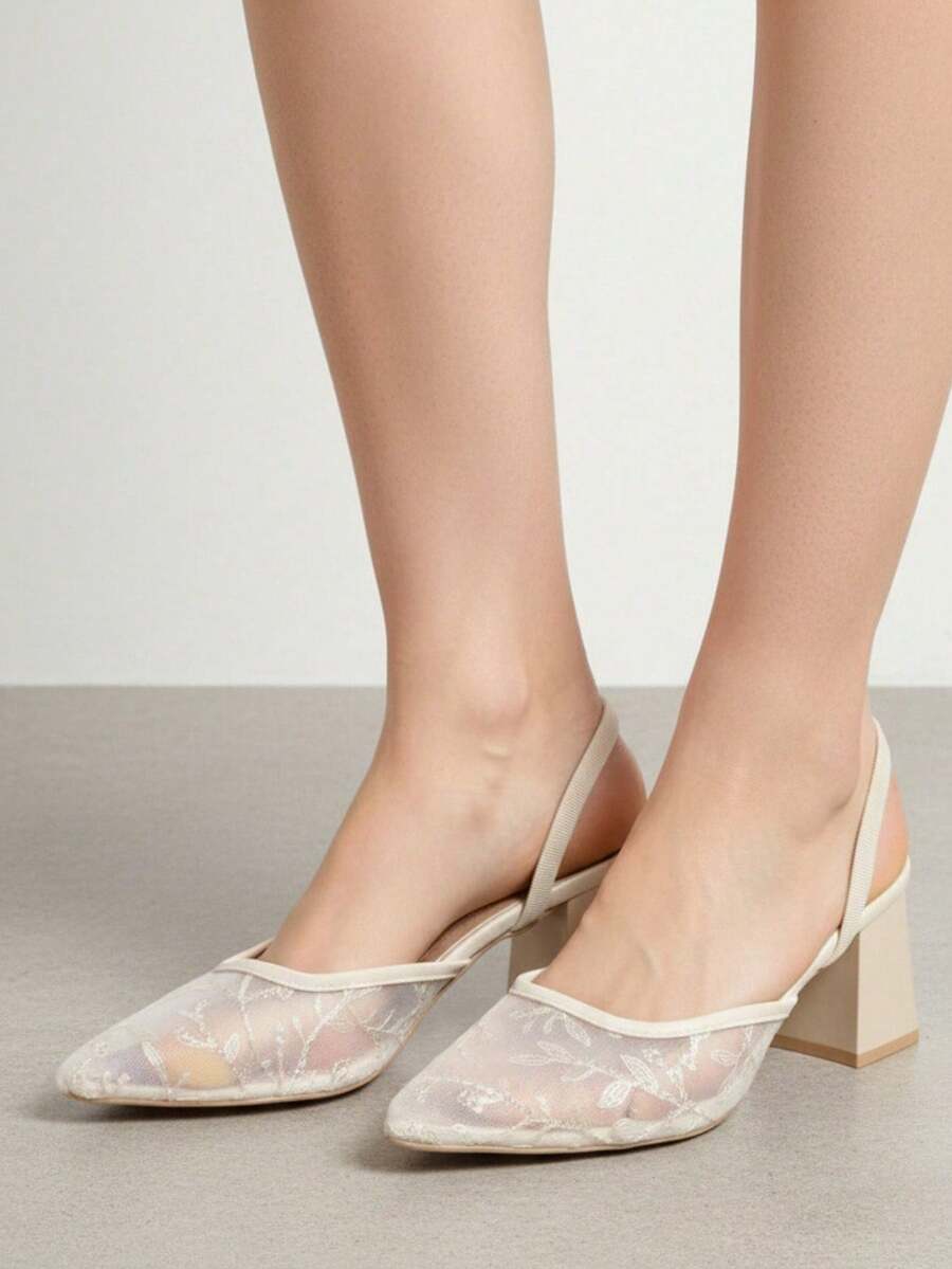 2026 New Summer Mesh Chunky Heel Sandals, Pointed Toe French Style High Heels, Suitable For Dresses - Beige - View 1