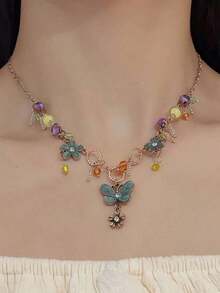 1pc Vintage Bohemian Style Butterfly & Flower Beaded Necklace, Multi-Color Metal Rhinestone Pendant Necklace, Suitable For Women's Daily, Party, Festival Wear, Holiday Gift, Jewelry Gift - Nhiều màu - Xem 2