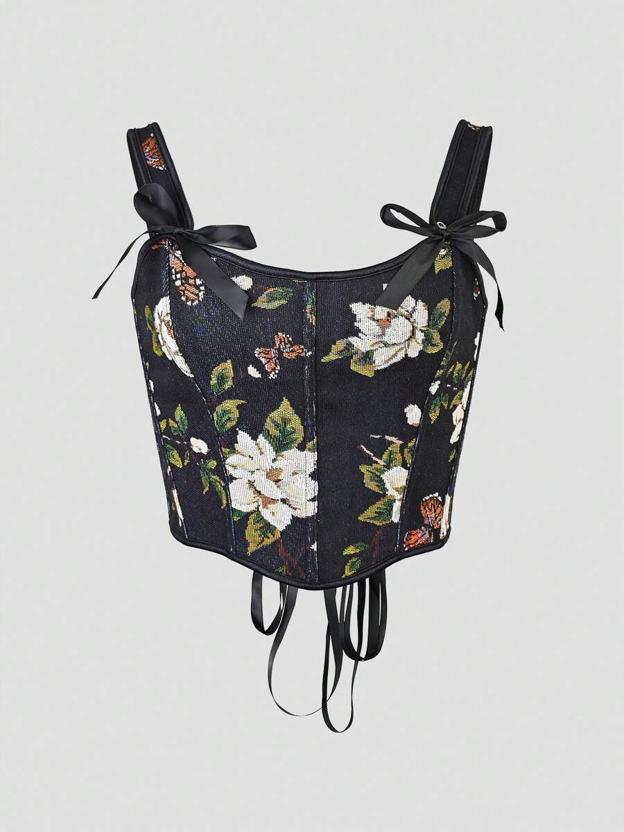 1pc New Printed Fashion Spaghetti Strap Backless Bow-Tie Elegant Cropped Corset Top