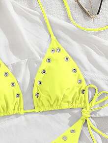 Women's New Solid Color Metal Eyelet Halter Neck Bikini Set Vacation Beach Summer - Yinghuang - View 3