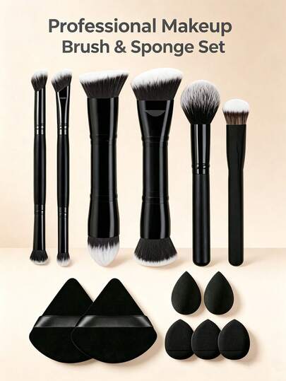 13pcs Professional Dual-Ended Makeup Brush Set, Travel Makeup Brush Kit, Including Angled Foundation Brush, Contour Brush, Blush Brush, Powder Brush, Eye Shadow Brush, Concealer Brush, Highlighter Brush, Blending Brush And Accessories, Suitable For Liquid, Cream Or Powder Cosmetics, Ideal Gift For Women And Girls.