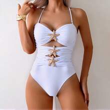Solid-Color One-Piece Swimsuit - Feminine, Tight-Fitting, Open-Front, Five-Star Women's Swimsuit For Girls - 白色 - 查看 6
