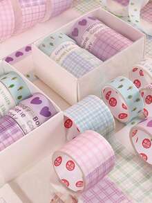 6 Rolls/Box Of Fresh And Simple Patterned Washi Tape, With Designs Of Strawberries, Hearts, Trees, And Plaid Patterns, Used For Scrapbooking, School Stationery, And DIY Journal Decoration, Gift Wrapping Decorative Tape - Sets - View 4