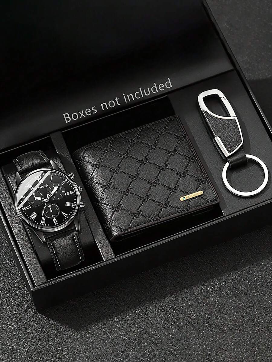 Casual Fashion Quartz Watch, Wallet And Keychain Set For Teenagers, PU Leather Strap, Round Alloy Case, Suitable As Holiday Gift, Daily Gathering, Music Festival, Party - Black - View 1