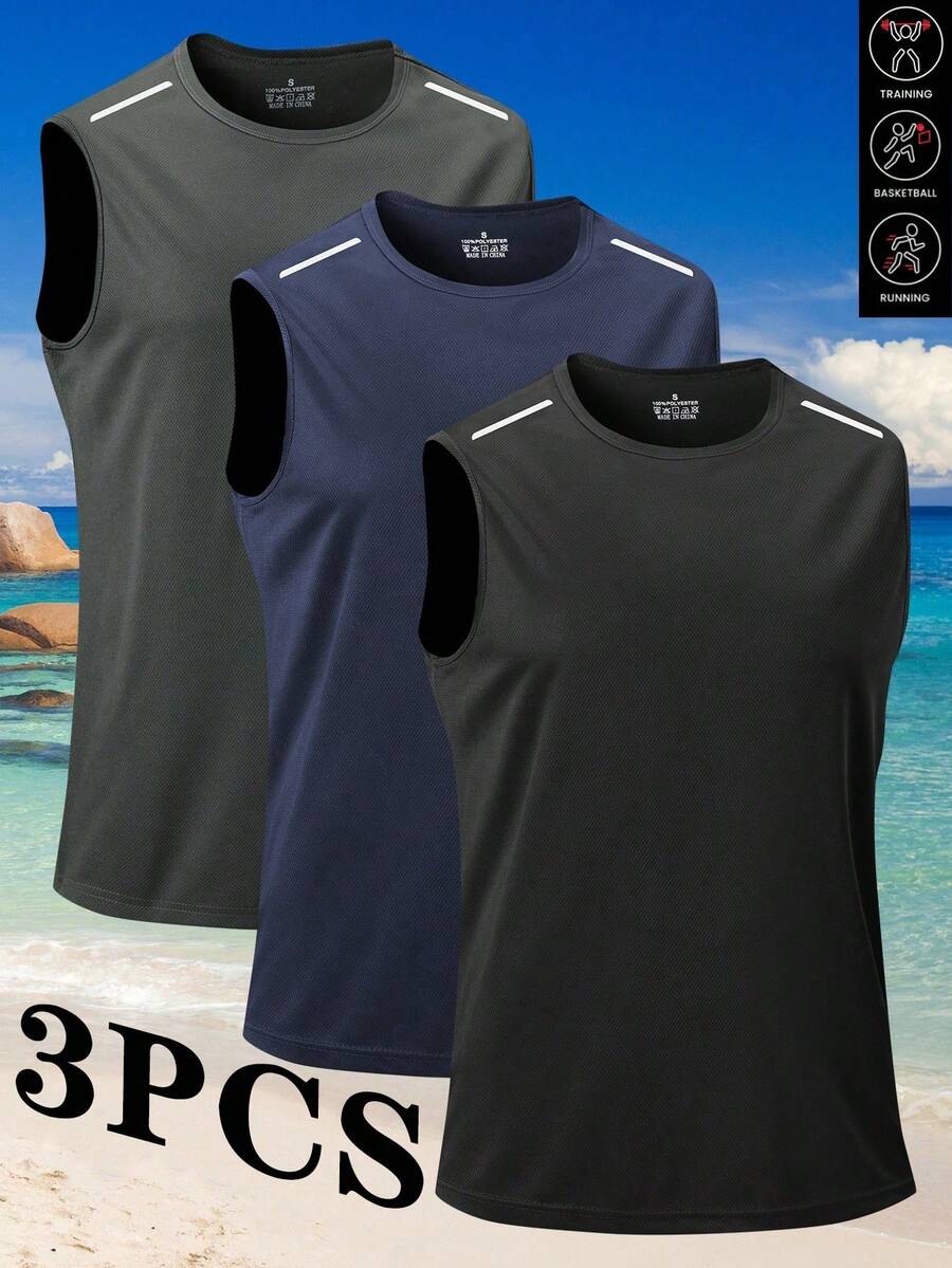 Set de 3 camisetas sin mangas deportivas de verano para hombre, tops informales de moda para exterior - Gris - Ver 1