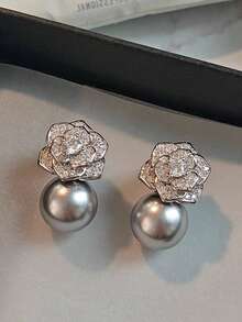 1 Pair Vintage French Style Gray Faux Pearl Elegant Camellia Flower Earrings, Unique Gentle Daily Wear For Women - Silver + Gray - View 5