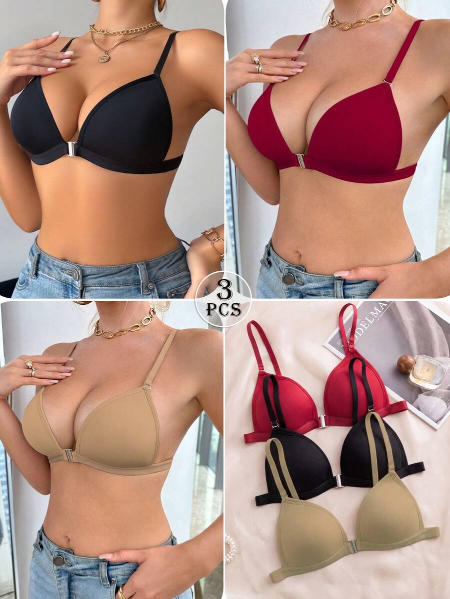 3pcs Multi-Color Front Closure Wireless Bra Set, With Fixed Pads, Detachable Straps, Cross Back Women's Lingerie, Suitable For A-C Cup - Multicolor - View 1
