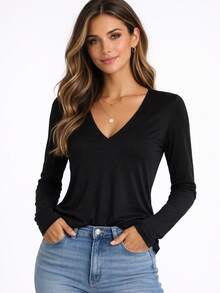 Blusa Feminina Manga Longa Gola V Segunda Pele Viscolycra - Preto Black - Visão 3