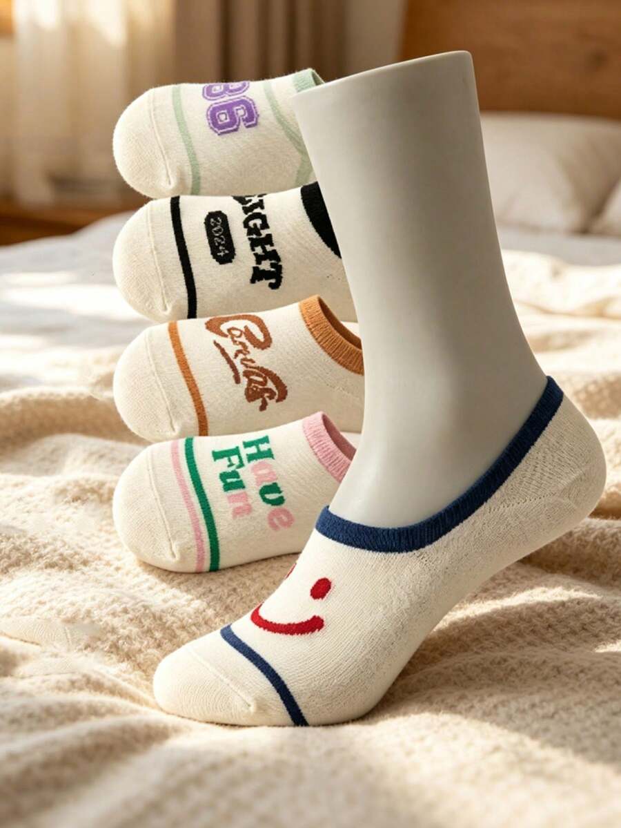 5 pares de calcetines invisibles casuales, finos y transpirables con diseños de caras sonrientes de dibujos animados para mujeres, en estilos aleatorios, de corte bajo, en estilo europeo y americano, adecuados para el verano - Multicolor - Ver 1
