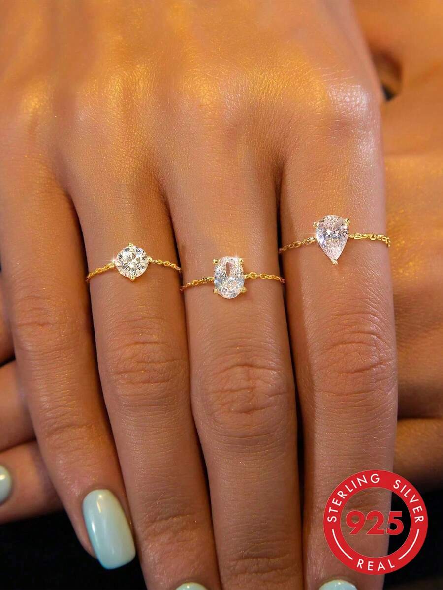 1pc Unique Chain Zirconia Adjustable Thumb Ring, Exquisite S925 Sterling Silver Jewelry Gift For Women - Gold - View 1