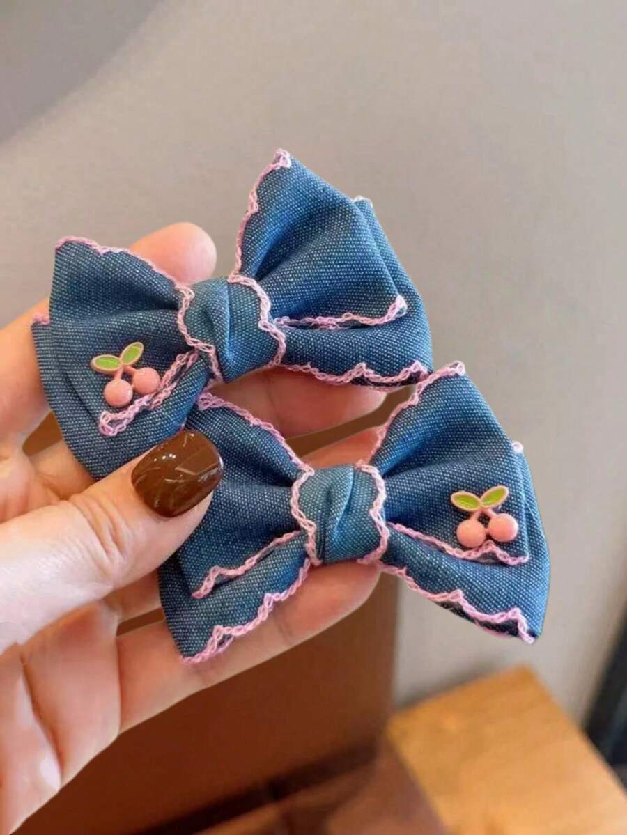 2pcs Cherry Denim Bow Hair Clips, Versatile Delicate Cute Princess Style Bangs Hairpins For Girls - Pink - View 1