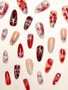 24Pcs/Set Almond Shaped French Manicure 3D Floral-Drop Gradient Elegant Reusable Press-On Nails With 1Pc Gel And 1Pc Nail File, Adding A Daily Wear And Dates Nail Supplies Nails - Nhiều màu 20 - Xem 6