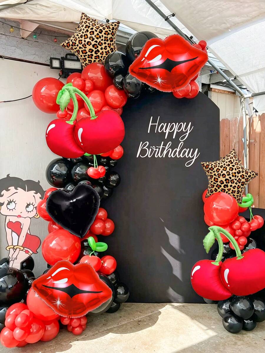 Set de 8 globos con estampado de leopardo de cereza negra y roja, incluye globos de cereza roja, labios rojos, corazones negros y globos con estampado de pentágono de leopardo, adecuado para decoración de despedida de soltera, fiesta de cumpleaños de mujer, fiesta con tema de selva, despedida de soltera, ceremonia de graduación o reunión de club; tema salvaje y dulce - Multicolor - Ver 1