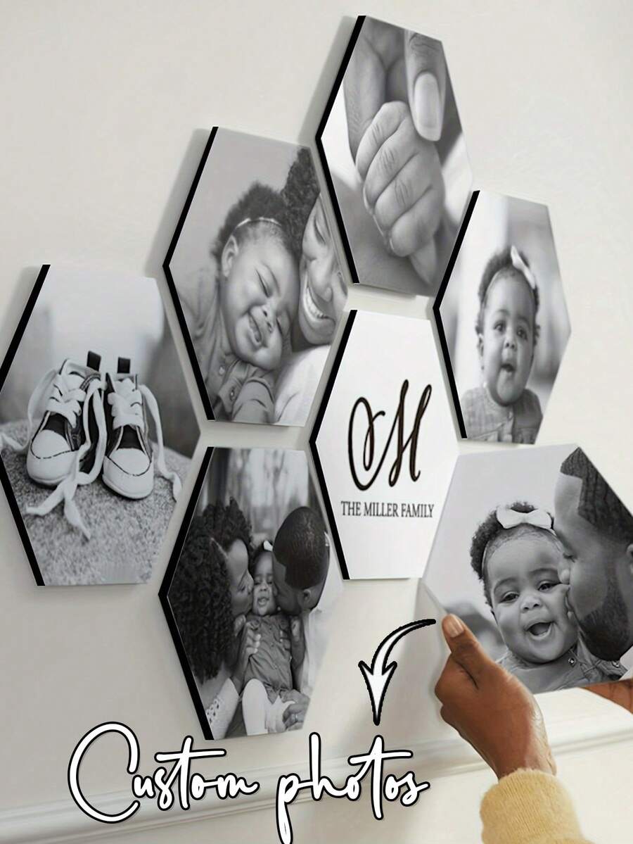 Personalized Hexagonal Photo Print PVC Plastic Board, Photo Frame Art & Memory Wall Decor For Living Room, Bedroom, Office, Wedding & Graduation - Beige - View 1