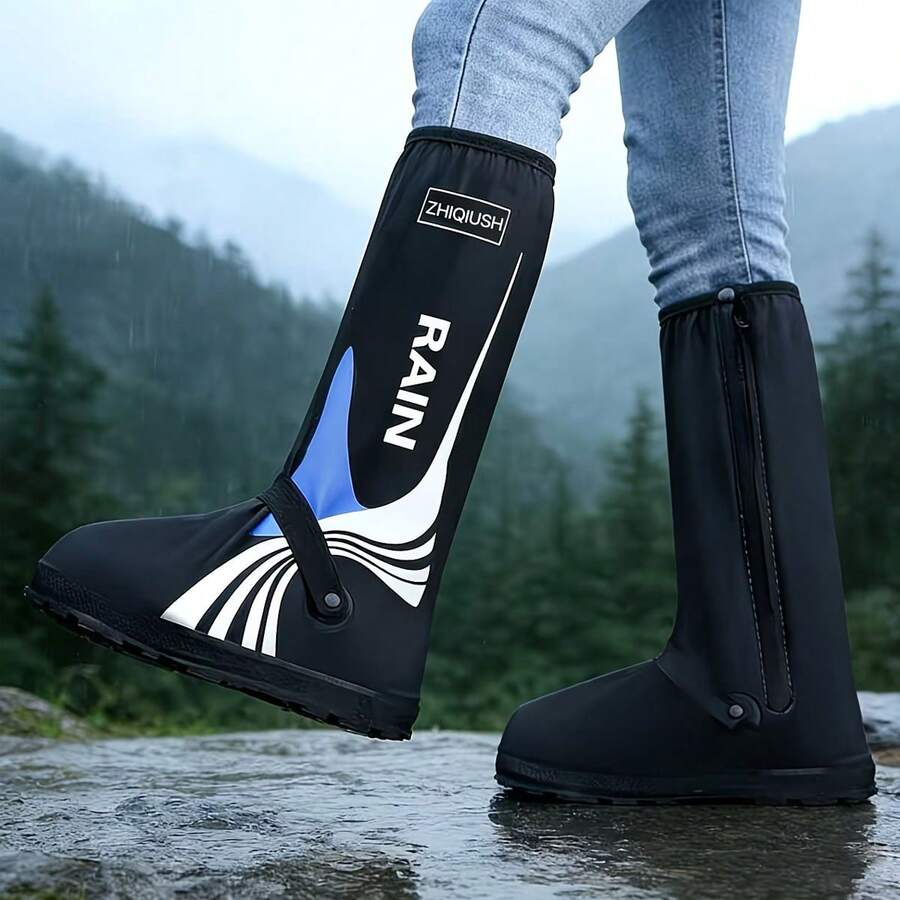 2pcs Waterproof Shoe Covers, Reusable And Foldable With Zipper Rain Boots Covers, Anti-Slip Thick Durable Soles Outdoor Reflective Tall Rain Boots, Unisex Rain Gear - 1 Pair - View 1