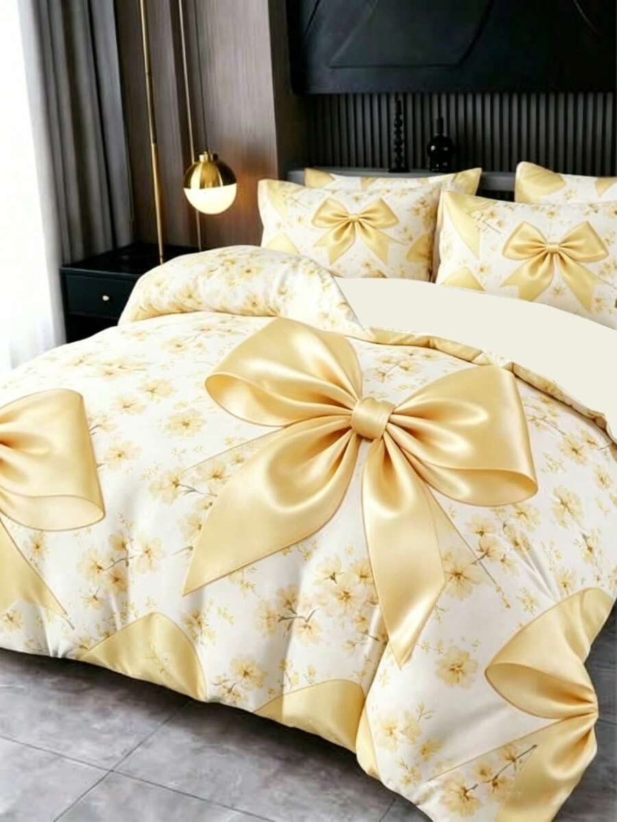3件套优雅黑色蝴蝶结床上用品套装(1个被套+2个枕套,不含枕芯),奢华蝴蝶结床上用品套装,柔软温暖舒适,适用于卧室、客房、宿舍。 - 淡黃色 - 查看 1
