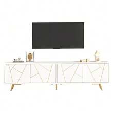 TV Stand For Living Room, 190 X 40 X 51.5 Cm, With 4 Doors, Low Base With 5 Metal Legs, 190 Cm Long, Suitable For Televisions With A Screen Diagonal Of Approximately 85 Inches, White Gold Color. - White - View 1