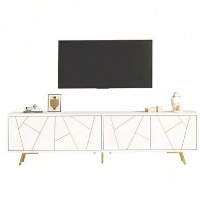 TV Stand For Living Room, 190 X 40 X 51.5 Cm, With 4 Doors, Low Base With 5 Metal Legs, 190 Cm Long, Suitable For Televisions With A Screen Diagonal Of Approximately 85 Inches, White Gold Color.