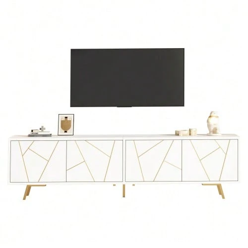 TV Stand For Living Room, 190 X 40 X 51.5 Cm, With 4 Doors, Low Base With 5 Metal Legs, 190 Cm Long, Suitable For Televisions With A Screen Diagonal Of Approximately 85 Inches, White Gold Color. - White - View 1