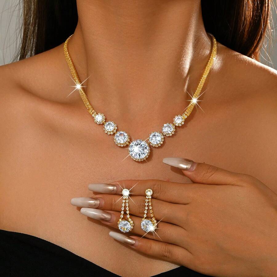 一套两件装奢华立方氧化锆项链和耳坠套装，优雅新娘首饰，适合婚礼、舞会、派对、伴娘礼物 - 1717金色-HB - 查看 1