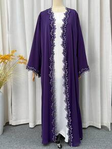 1 chiếc áo choàng dài Abaya dành cho phụ nữ Hồi giáo, thêu họa tiết lá cây tinh tế, kết hợp giữa thiết kế truyền thống và hiện đại của trang phục Ả Rập. - Màu tím - Xem 4
