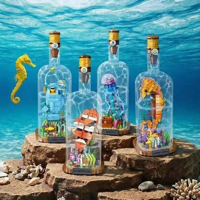 Marine Life Series Model Toy Set, Multiple Series Available: Lanternfish And Dinosaur Models, Building Blocks, Bricks, Stress Relief Blocks, Creative Bottled Blocks. Suitable For Halloween, Christmas, Graduation, Back To School, Independence Day And Various Holiday Gifts.