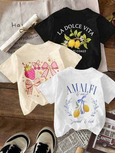 Set de 3 camisetas de manga corta con cuello redondo y estampado divertido, top de verano para niña casual