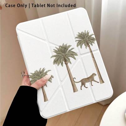 Ốp bảo vệ máy tính bảng bằng acrylic trong suốt với họa tiết da báo và cây cọ, kèm chân đế, phù hợp với các dòng máy phổ biến của Apple, Honor, v.v. Có thể gập lại chống cong vênh, các góc được gia cố bằng silicon, chức năng tự động bật/tắt màn hình, khe cắm bút tích hợp, chân đế gập đa góc - Bảo vệ hoàn hảo hàng ngày, món quà lý tưởng.