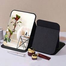 1 pieza Espejo de escritorio portátil ajustable, espejo plegable de cuero PU con soporte, adecuado para uso en el hogar, viajes y dormitorios - Negro - Ver 5