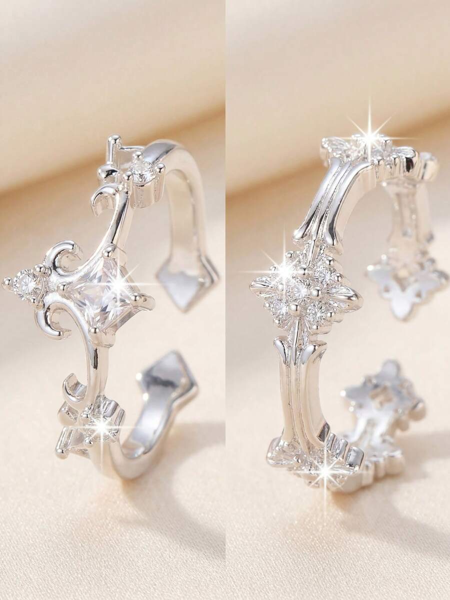 1pc Versatile Silver Carved Vintage Palace Style Open Ring, Unique Design Luxury Jewelry, Suitable For Dates, Parties, Work, And Daily Wear - Multicolor - View 1