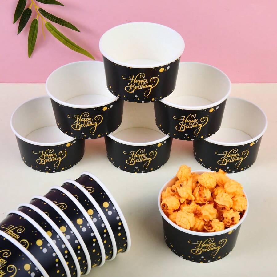 24/40/48入 黑銀波點「Happy Birthday」一次性紙碗、冰淇淋杯、爆米花盒,適用於居家廚房、野餐與派對,廚房用品、食品包裝、生日、外送餐點及日常使用 - 多色 - 查看 1