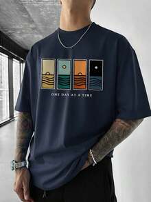 Compatible With The Minimalist Printed Short-Sleeved T-Shirt For Men, Comfortable And Breathable, Suitable For Summer, Fashionable. - Navy Blue - View 2