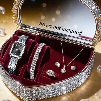 6pcs Teenage Simulation Wristwatch Set, Silver Band Luxurious Style, Black Dial, Stainless Steel Scaled Quartz Watch With Hollow Silver Necklace Bracelet Ring Earrings Jewelry Set, Rectangular Case, Best Birthday Gift For Her, Suitable For Daily, Party, Valentine's Day