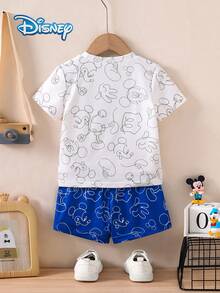 Disney Summer Baby Boys' Newborn Graphic Line Mickey Mouse Print Short Sleeve T-Shirt And Shorts Set, Cartoon Pattern With Stretch, Suitable For Infant Daily Wear, Great Gift - Blue - View 2