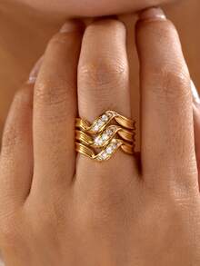 1 pieza Anillo de banda ancha de cobre con circonita asimétrica curva, adecuado para uso diario, fiestas, festivales y galas - Dorado - Ver 4