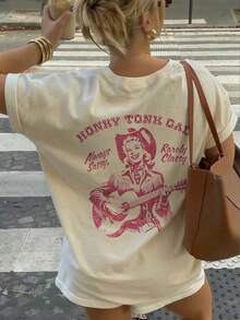 Áo thun nữ kiểu miền Tây hoang dã, in hình guitar, phong cách honky tonk, dáng rộng, cổ tròn, tay ngắn, phong cách thường ngày, thích hợp mặc mùa hè. - Màu be - Xem 4