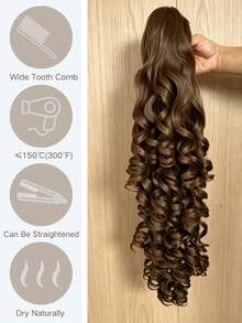 24 Inch Dark Brown Deep Wave Clip-In Ponytail Hair Extension - Heat Resistant Synthetic Fiber, Natural Curly Hair Styling Accessory, Suitable For Women's Daily Use, Daily Hairstyle Styling Accessory, Voluminous Curly Heat Resistant Fiber Wig - Linen Brown - View 5