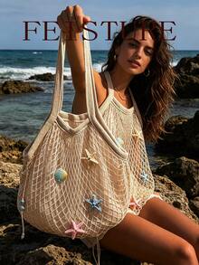 Summer Starfish & Shell Decor Mesh Tote Bag, Casual Beige Beach Shoulder Bag For Shopping & Vacation ,Holiday,Straw Bag - White - View 6