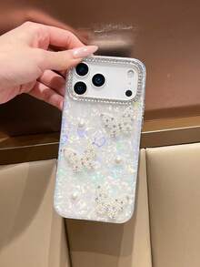 适用于 17 Pro Max、17 和 16 Pro 的镶钻珍珠蝴蝶手机壳，带镜头膜，15 英寸全包防摔，14/13 英寸创意高端保护壳，12 英寸女士款 - 白色 - 查看 15