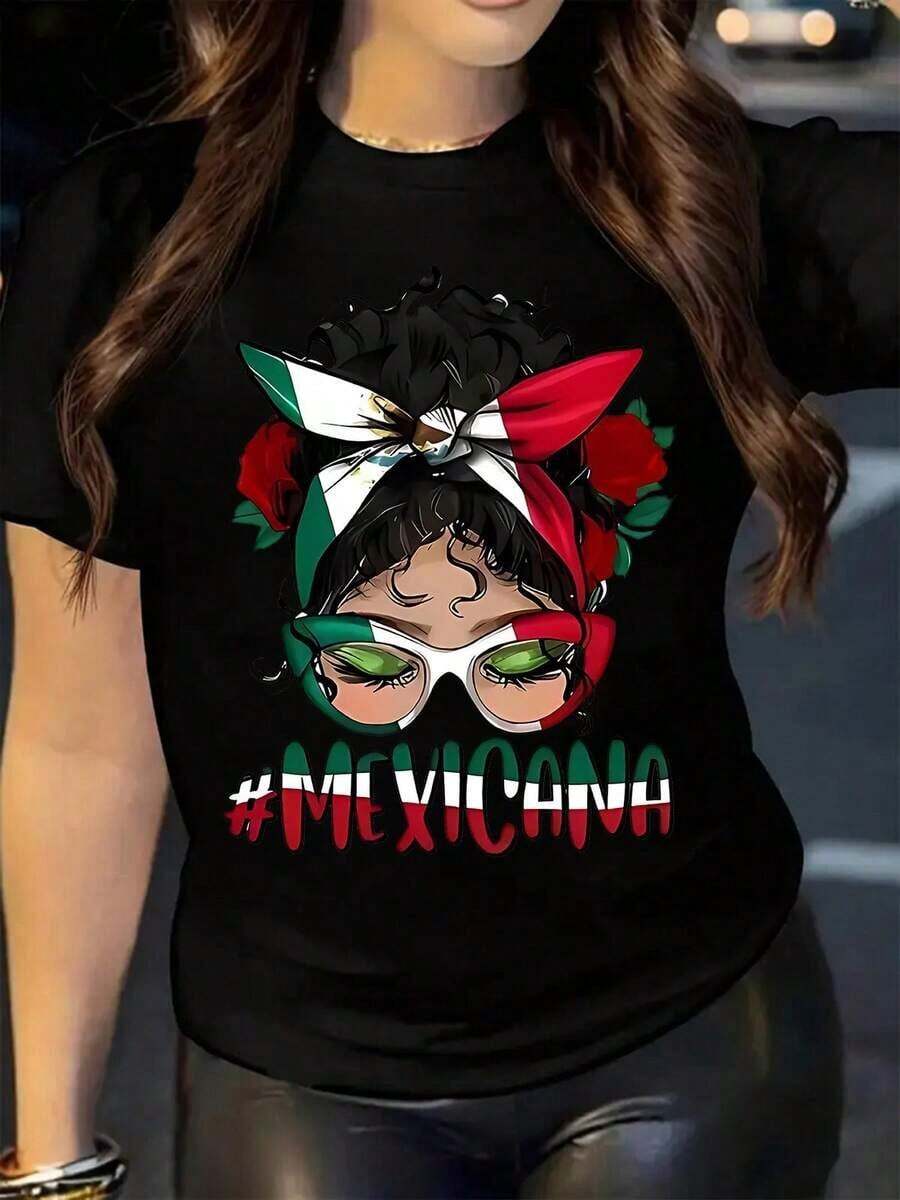 Women's Mexican Graphic T-Shirt - Black Background With Red, Green, White, Golden Accents - Casual Everyday & Fiesta Party Fit - Perfect Gift For Women - Machine Washable Mexican Clothing, Vibrant Print Top, Summer Fashion, Short Sleeve, Comfortable Fit, Stylish Blouse, Festival Wearsummer Outfits For Women - màu đen - Xem 1
