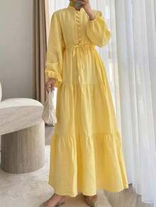 Women's Elegant Solid Color Button Waist Tie Knot Casual, Birthday Party, Formal Evening, Date Lantern Sleeve Hem Patchwork Dress, Autumn/Winter Spring - 黃色 - 查看 4