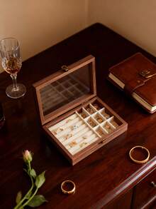 1pc Vintage Style Wooden Jewelry Box With Glass Panel And Dust Cover - Octagonal Storage Box For Bracelets, Rings, Earrings, Necklaces - Multi-Layer Design With Built-In Earring Hooks And Fabric Lining, Collection And Storage, Metal Clasp Lock, Durable Structure, Display Cabinet, Fashionista Exclusive Jewelry Box - Multicolor - View 4