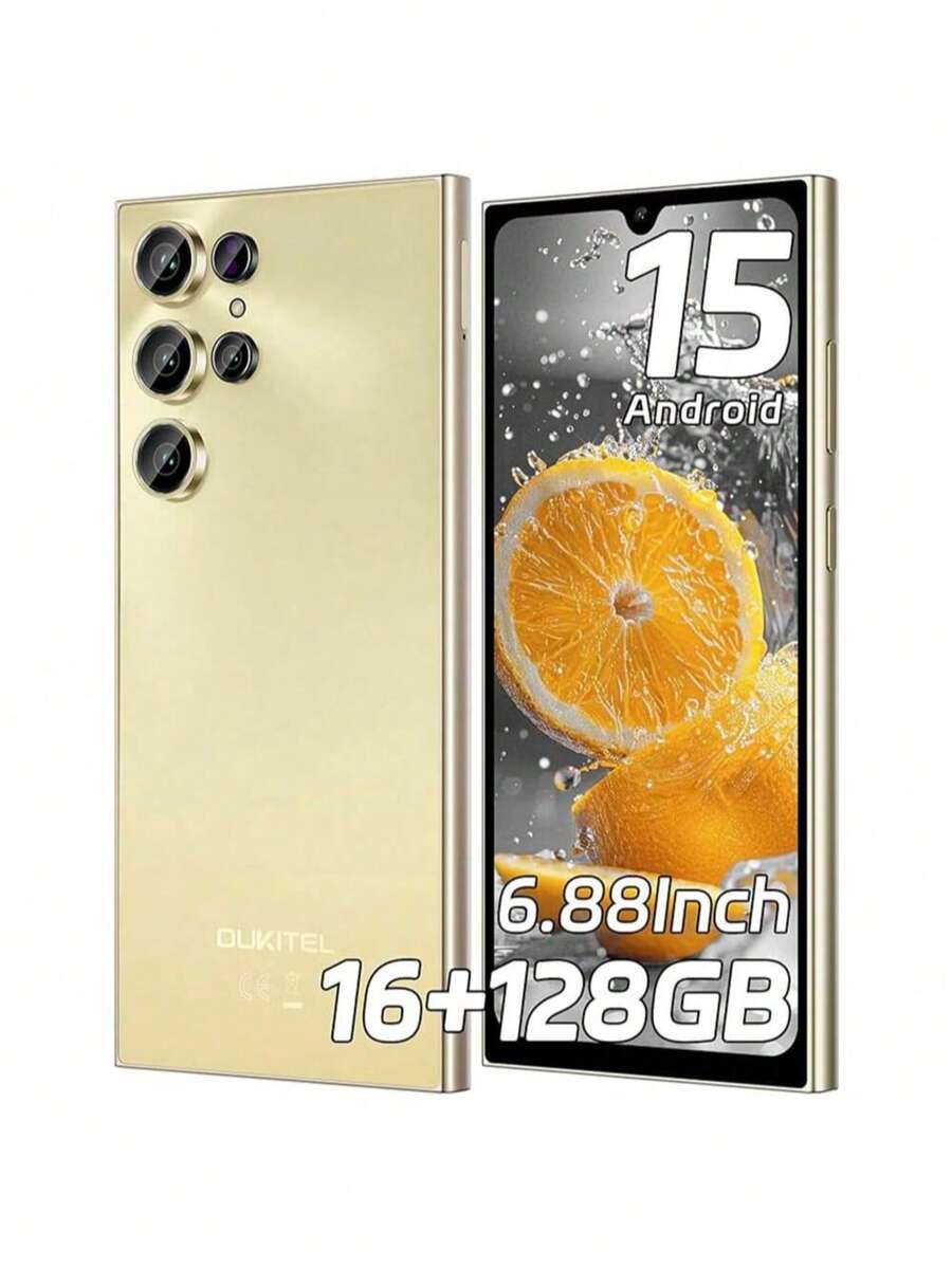 OUKITEL C61 安卓 15 智能手机，无合约，16GB+128GB/1TB 存储，6.88 英寸高清+ 90Hz 屏幕，5150mAh 电池，13MP+5MP 后置摄像头，4G 双卡双待，无锁/指纹识别/OTG/面部识别 - 金色 - 查看 1