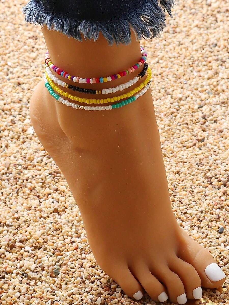 4pcs Colorful Beaded Multi-Layer Anklets, Bohemian Beach Accessories For Women - Yellow Color B - View 1